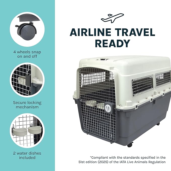 SportPet Airline Compliant XXX-LARGE 44" Travel Dog Kennel-Durable Plastic Airline Pet Carrier w/Removable Wheels & Food Bowls, Collapsible Indoor/Outdoor Dog Kennel, Dogs up to 44"L & 33"H-Cream/Gray