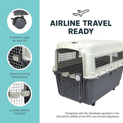 SportPet Airline Compliant XXX-LARGE 44" Travel Dog Kennel-Durable Plastic Airline Pet Carrier w/Removable Wheels & Food Bowls, Collapsible Indoor/Outdoor Dog Kennel, Dogs up to 44"L & 33"H-Cream/Gray