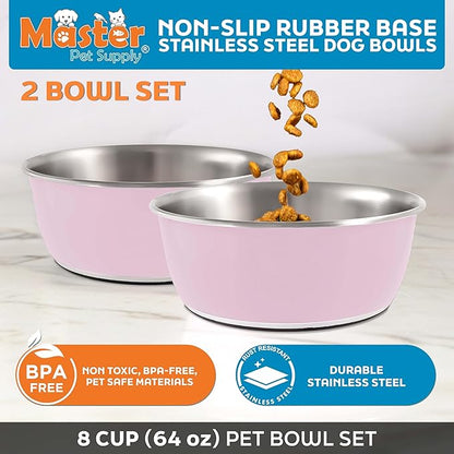 Master Pet Supply Stainless Steel Dog Bowls Set of 2 (64 Oz Each) with Non-Slip Rubber Base - Rose Quartz - Basic Dog Food Bowl Water & Food Bowls for Small Medium Large Dogs & Cats, Metal Dish