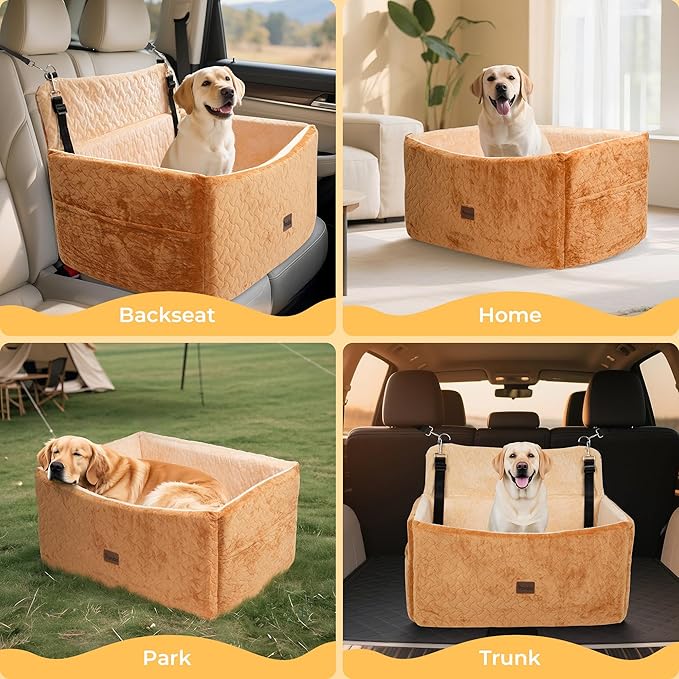 Dog Car Seat for Large Medium Dogs up to 60 lbs – Elevated Dog Booster Seat for Cars with Extra-Safe 14in High Front, Memory Foam Cushion, Washable Cover, Backseat Pet Car Bed (Brown)