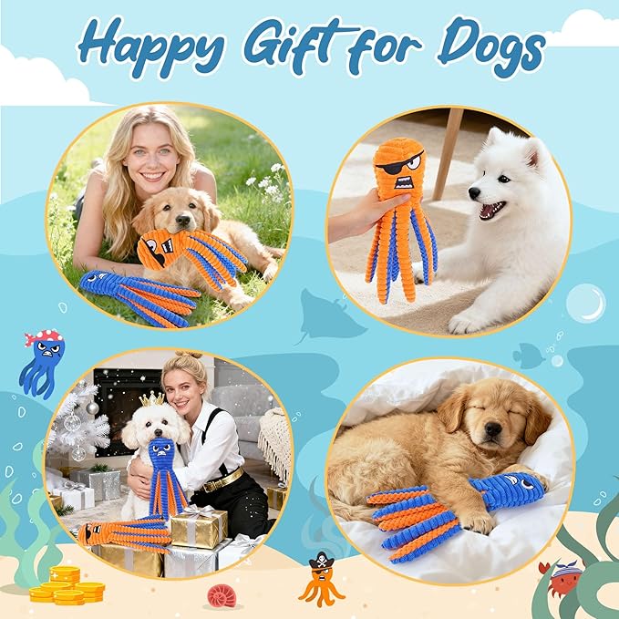 Zeaxuie Dog Toys for Aggressive Chewers, 2 Pack No Stuffing Dog Toys for Teething, Squeaky Chew Toy to Keep Them Busy for Small and Medium Breed, Crinkle Octopus