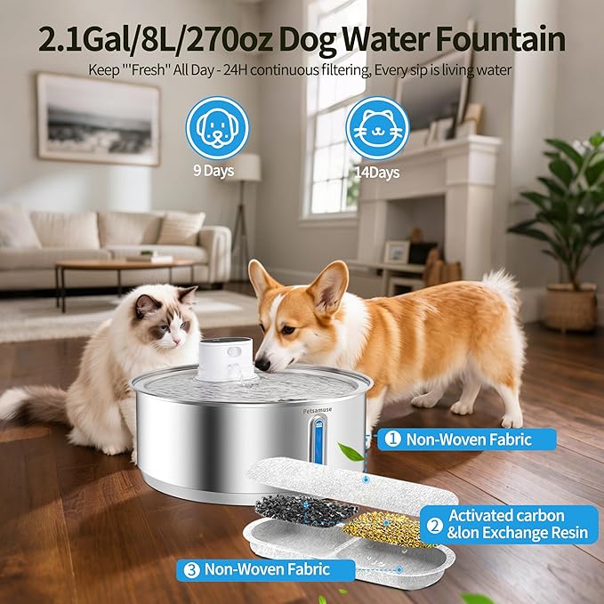 Wireless Dog Water Fountain, 2.1Gal/8L Battery Operated Stainless Steel Pet Water Fountain Motion Sensor Dog Water Bowl Large Cat Bowl Inside with 3 Filters and 2 Ultra Quiet Pumps