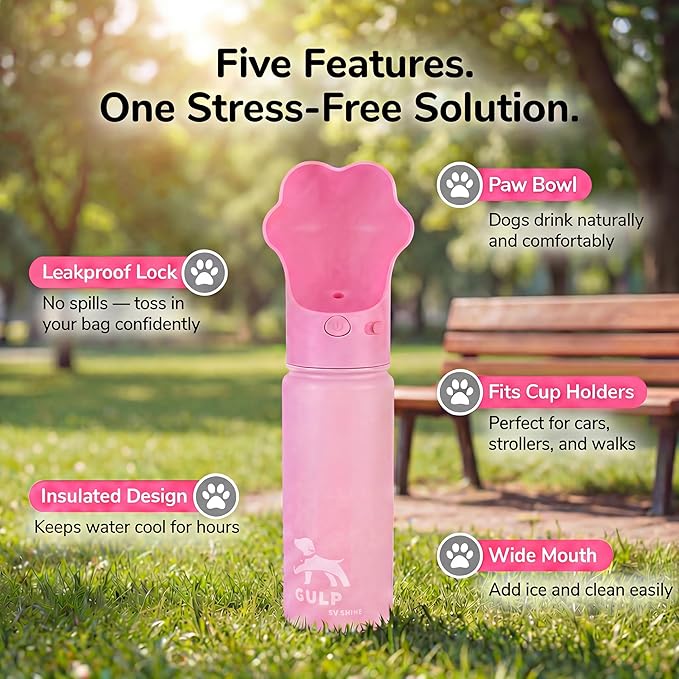 Duna Gulp 18oz Dog Travel Water Bottle with Paw-Shaped Bowl - Insulated Stainless Steel, Leakproof & Portable with Carry Strap for Outdoor Walking, Hiking & Pet Hydration on-the-Go - Pink