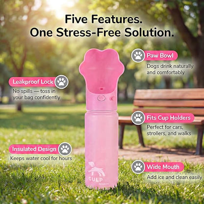 Duna Gulp 18oz Dog Travel Water Bottle with Paw-Shaped Bowl - Insulated Stainless Steel, Leakproof & Portable with Carry Strap for Outdoor Walking, Hiking & Pet Hydration on-the-Go - Pink