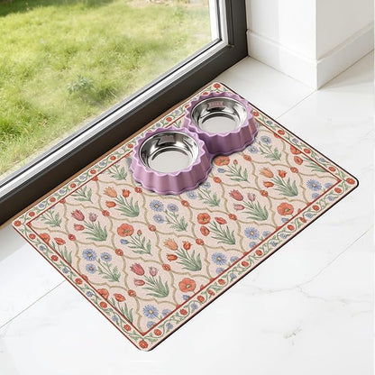 Dog Bowl Mat for Food and Water - Hamdwerk Absorbent Anti Slip Cat Feeding Mats for Floors, Quick Dry Pet Dog Feeding Matts, Diatomite Pet Dish Placemat Supplies, Vintage Floral Style, 16 * 240in