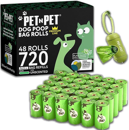 Pet N Pet 720 Counts, Unscented Dog Poop Bags Rolls, 41% Plant Based & 59% PE Poop Bags For Dogs with Dispenser, 48 Rolls Extra Thick Dog Waste Bag, Doggie Poo Bag