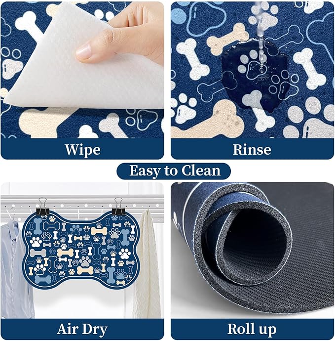 Dog & Cat Food Mat Bone Shaped Pet Feeding Mat Quick Absorb Water Bowl Placemat with Rubber Backing Indoor Floor Stain Resistant Pet Accessory Supplies (Blue, 12x18 Inches)