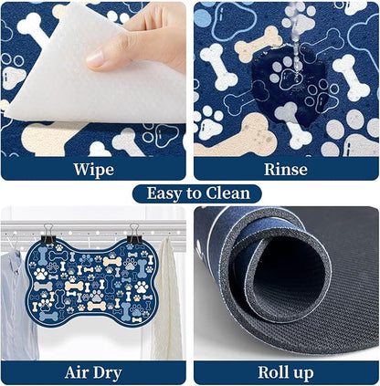 Dog & Cat Food Mat Bone Shaped Pet Feeding Mat Quick Absorb Water Bowl Placemat with Rubber Backing Indoor Floor Stain Resistant Pet Accessory Supplies (Blue, 12x18 Inches)