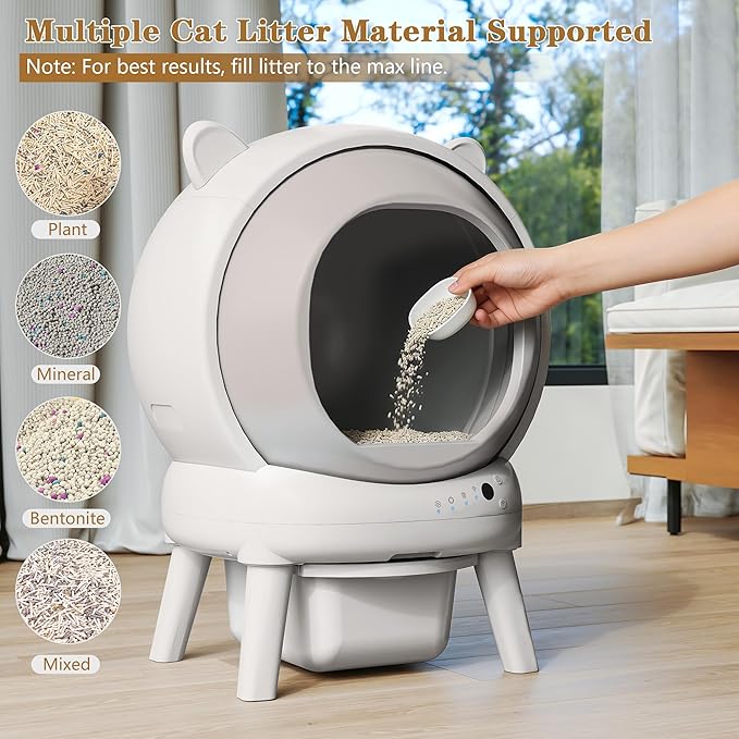 Self Cleaning Litter Box, Automatic Cat Litter Box for Multiple Cats, Auto Litter Box Robot with APP Control, Dual Safety Sensors, Odor Control&Low Noise, Cat Ears Design, Ivory White