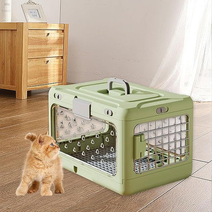Folding Puppy Crate Cat Transport Box Hard Sided Transparent Portable Dog Kennel Pet Carrier for Small Dogs Rabbit Kitten, Green