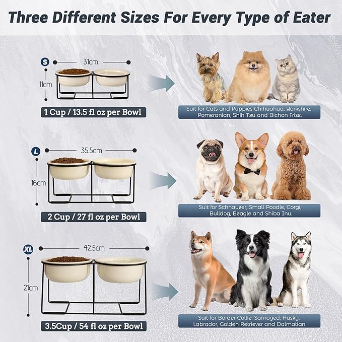 Ceramic Elevated Dog Bowl Set - Raised Double Feeding Bowls with Metal Stand - Pet Dishes for Medium and Large Dogs - 3.5 Cups - 54 fl oz - Beige