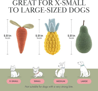 Nina Woof Organic Cotton Squeaky Dog Toy Set – Fruits & Veggies Pack