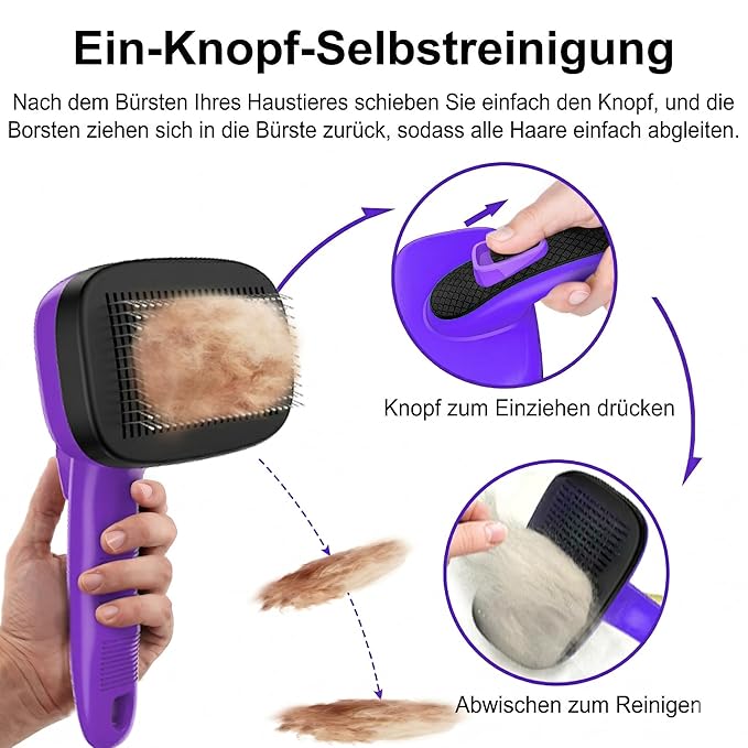 Self Cleaning Slicker Brush for Dog, Cat, Skin Friendly Shedding & Grooming Tool for Long and Short Haired Pets, Easy Clean Retractable Bristles, Purple