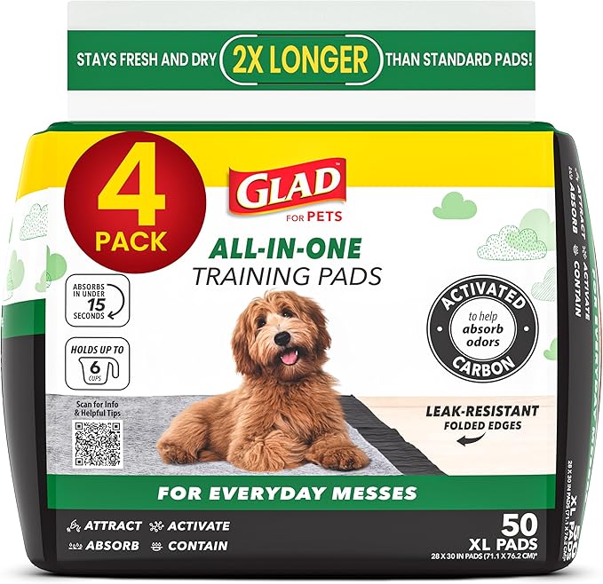 Glad for Pets Extra Large Charcoal Dog Training Pads, Absorbent Leak Proof Pee Pads for Dogs and Puppies, Odor Control Potty Pads with Activated Carbon, 28 x 30 Inches, 50 Count - 4 Pack