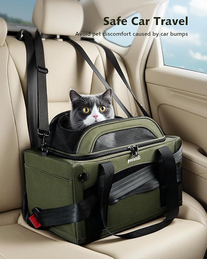 Pecute Expandable Pet Carrier Airline Approved Dog Cat Carrier, Breathable Soft-Sided with Locking Zippers, Pet Travel Bag for Small Dog Cat Anti-Scratch Mesh Leakproof Pee Pad (Dark Green)