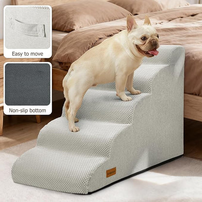 Dog Stairs for Bed 22.4”H,5-Step Dog Ramp for Small Dogs & Cats,Pet Steps for Dogs to get on High Bed, Indoor Anti-Slip Pet Stairs for Old Cats and Puppy,Light Grey