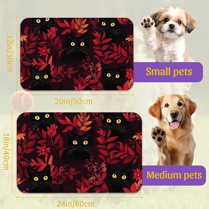 Black Cat Forest Pet Feeding Mat, Fast-Dry Absorbent Dog and Cat Bowl Mat, Waterproof Non-Slip Base for Messy Eaters, Indoor Pet Accessories – 16x24 Inch