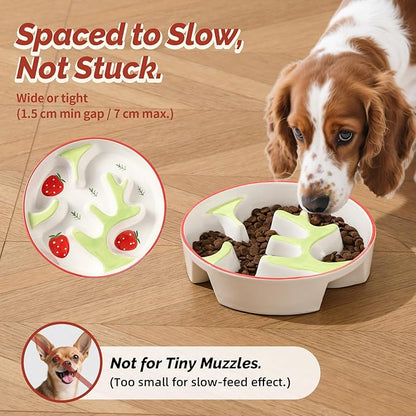 Ceramic Slow Feeder Dog Bowl - Portion Control Feeding Bowl for Medium Dogs - Cute Maze Food Dish for Fast Eaters - 3.1 Cups (310 g) - Doodle Series (Strawberry)