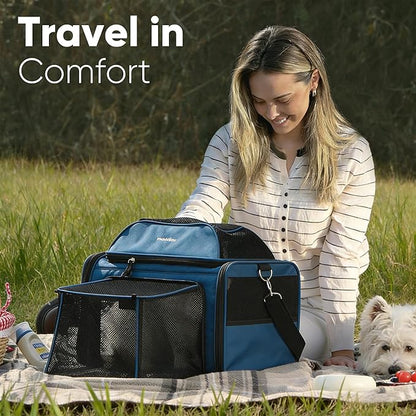 FUKUMARU Cat Carrier, 18x11x11 Expandable Soft Cat Travel Carrier, Ventilate Airline Approved Dog Carrier, Durable Small Dog Carrier with Anti-Scratch Mesh, Escape-Proof Pet Carrier for Cat, Blue