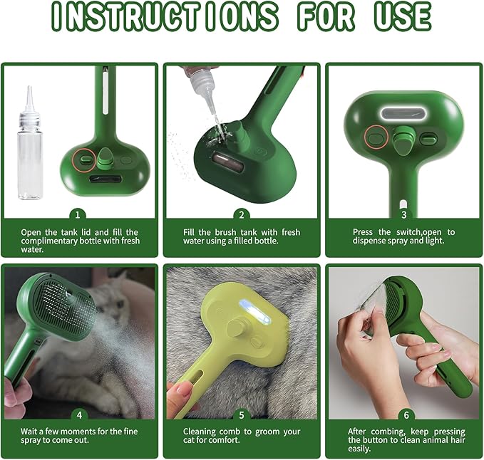 Cat/Dog Deshedding Brush with Water Spray and Steamer - Grooming Tool for Shedding Hair Removal (Christmas Green)