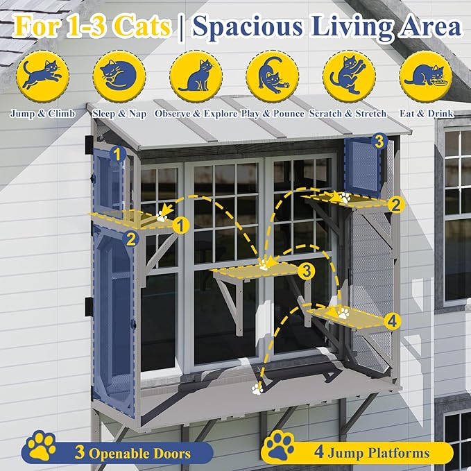 PetsCosset Cat Window Box Wooden Window Catio for Indoor Cats, Cat Enclosure with 4 Platforms & 3 Doors, Wall-Mounted Perch for Sunbathing, Play & Tunnel Connection, All-Weather Use, Keeps Insects Out