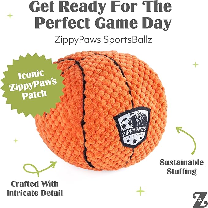 ZippyPaws SportsBallz - Dog Squeaky Toys to Keep Them Busy, Funny Plush for Small, Medium, & Large Dogs, Cute Stuffed Puppy Toy, Pet Products, Gift for All Breeds, Interactive Squeaker - Basketball