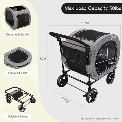 Pet Stroller for Dogs Cats up to 50 lbs, Foldable Dog Stroller with 360° Swivel Wheels, Detachable Carrier, Adjustable Handle, Travel Dog Stroller for Small Medium Large Pets, Gray