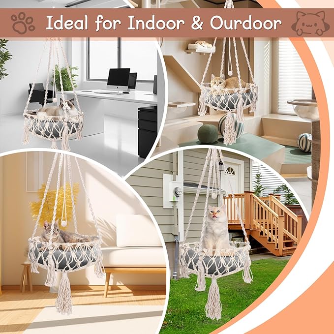 VINGVO Macrame Cat Hammock Bed, 58.27" Handwoven Pet Hanging Swing Bed with Hook for Wall, Foldable Kitten Window Perch for Indoor Outdoor Sports Playing Sleeping Climbing Lounging