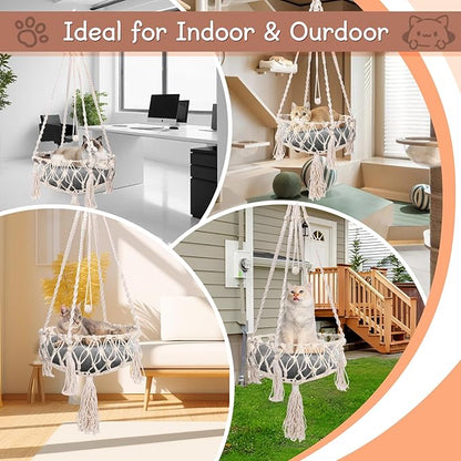 VINGVO Macrame Cat Hammock Bed, 58.27" Handwoven Pet Hanging Swing Bed with Hook for Wall, Foldable Kitten Window Perch for Indoor Outdoor Sports Playing Sleeping Climbing Lounging