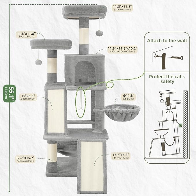 Multi-Level Cat Tree for Indoor Cats, Cat Tower with 2 Scratching Boards, 2 Plush Padding Platforms, Cat Condo House with Hammock, Basket, Light Gray GCT022W