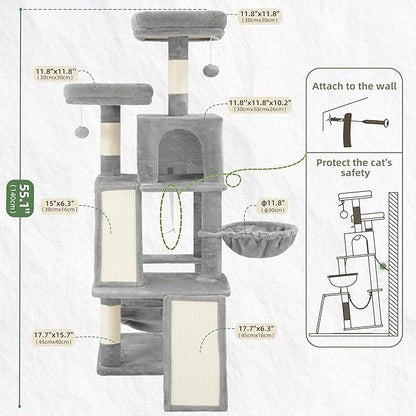Multi-Level Cat Tree for Indoor Cats, Cat Tower with 2 Scratching Boards, 2 Plush Padding Platforms, Cat Condo House with Hammock, Basket, Light Gray GCT022W