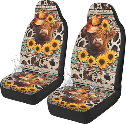 Car Seat Covers Waterproof Universal Aztec Highland Cow Print Front Car Seats Easy Installation Washable Cover Automotive Interior Accessories for Cars Truck SUV Van