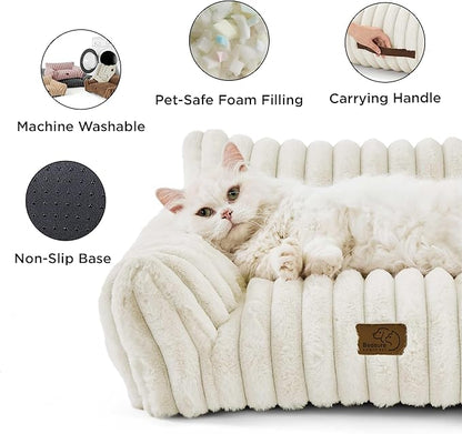 Bedsure ComfyFleece™ Cute Cat Couch for Pets - As Seen on TV on Good Day New York, Small Medium Dog Bed, Supportive Couch Bed for Small Dogs, 30 Inch, Cream
