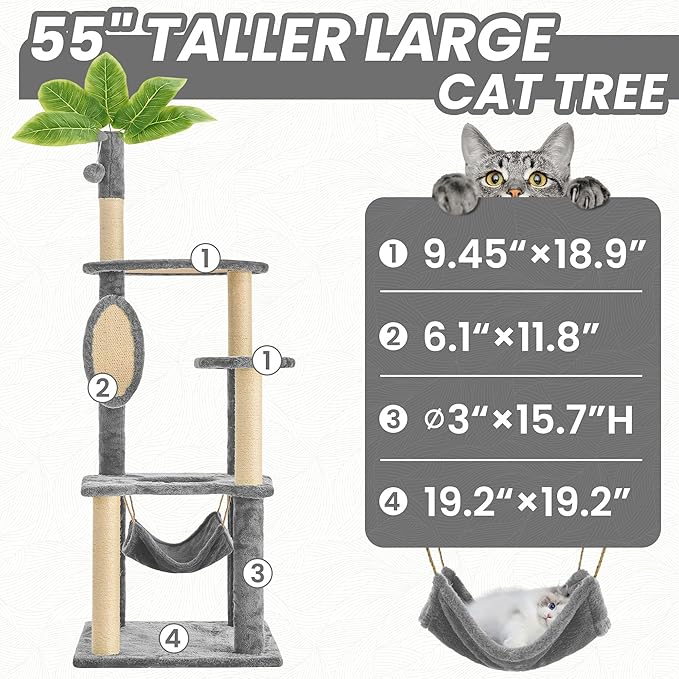 55 Inch Large Cat Tree Tower for Indoor Cats with Hammock Green Leaves Sisal Scratching Post, Plush Hang Ball Play Furniture for Kittens & Adult Cats,Grey