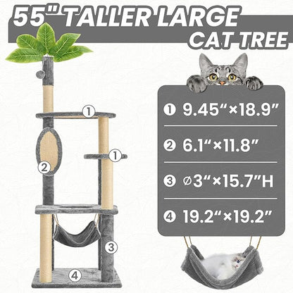 55 Inch Large Cat Tree Tower for Indoor Cats with Hammock Green Leaves Sisal Scratching Post, Plush Hang Ball Play Furniture for Kittens & Adult Cats,Grey