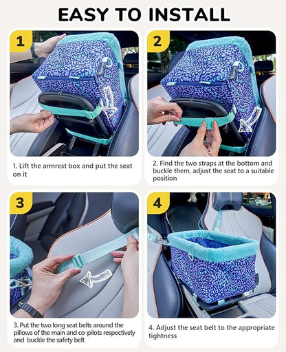 BurgeonNest Center Console Dog Car Seat for Small Dogs, Puppy Cat Car Seat Booster with Soft Cushion Safety Belt, Seats Safe & Cozy Metal Frame Armrest Dog Booster Pet Under 11 lbs (Word)