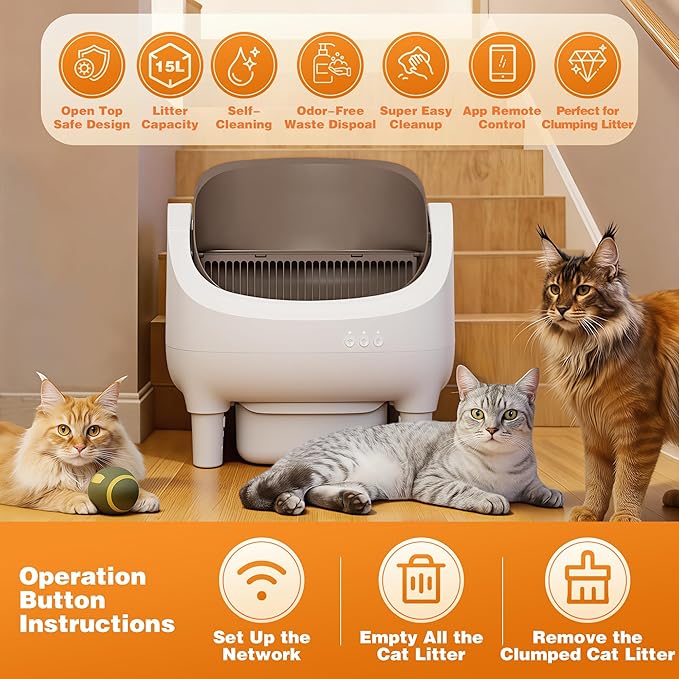 Greesum Self Cleaning Cat Litter Box – Automatic Open-Top Smart Litter Box with App Control, 15L Odor-Sealed Waste Bin, Ultra Quiet 35dB, Multi-Cat & Large Cat Compatible, with Trash Bags & Mat