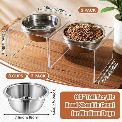 2 Set Acrylic Elevated Dog Bowls Stand 6.3" Tall Pet Acrylic Feeder Come with 2 Removable Stainless Steel Bowls for Large Dogs, Raised Durable Dog Bowl Pet Feeding Station