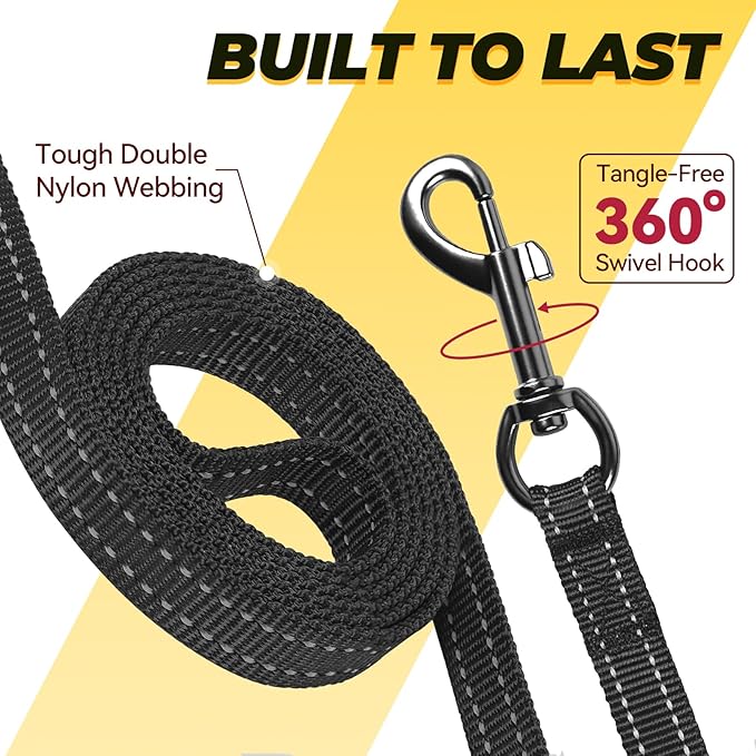 VIVAGLORY Dog Leash Twingrip Double Handle Dog Leash with Traffic Handle Control & 2 Loop for Walking & Training, Reflective Heavy Duty for Puppy Pet Collar, 4ft x 1/2in, Black