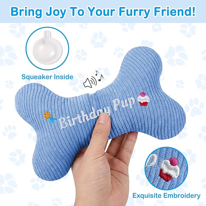 2026 Birthday Squeaky Dog Toys, Embroidered Bone Shape Blue Corduroy Pet Pillow 8"x5",Plush Soft Cotton Filled Cute Fun Dog Chew Puzzle Toy Birthday Gifts for Small Medium Dogs(Birthday Pup)