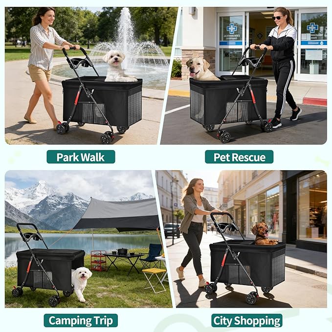 Medium Dog Stroller for Large Dogs, Pet Stroller for Medium Dogs Up to 100lbs, All-Terrain with Handle & Canopy, Storage Organizer, Waterproof Oxford Fiber Black
