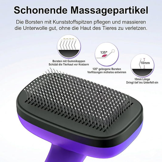 Self Cleaning Slicker Brush for Dog, Cat, Skin Friendly Shedding & Grooming Tool for Long and Short Haired Pets, Easy Clean Retractable Bristles, Purple