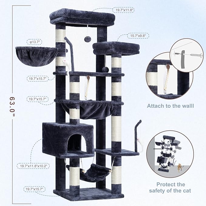Cat Tree, Cat Tower for Large Cats with 2 Big Platforms, 2 Baskets, condo and Toys, 63" Cat Scratching Posts for Indoor Cats, Smoky Gray GCT020G