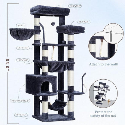 Cat Tree, Cat Tower for Large Cats with 2 Big Platforms, 2 Baskets, condo and Toys, 63" Cat Scratching Posts for Indoor Cats, Smoky Gray GCT020G