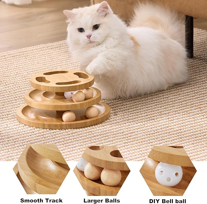 Cat Ball Track Toy with Puzzle Top and DIY Bell, Wooden Cat Toys for Indoor Cats, Interactive Kitty Ball Tower for Kitten Exercise Mental Physical