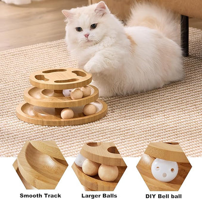 Cat Ball Track Toy with Puzzle Top and DIY Bell, Wooden Cat Toys for Indoor Cats, Interactive Kitty Ball Tower for Kitten Exercise Mental Physical