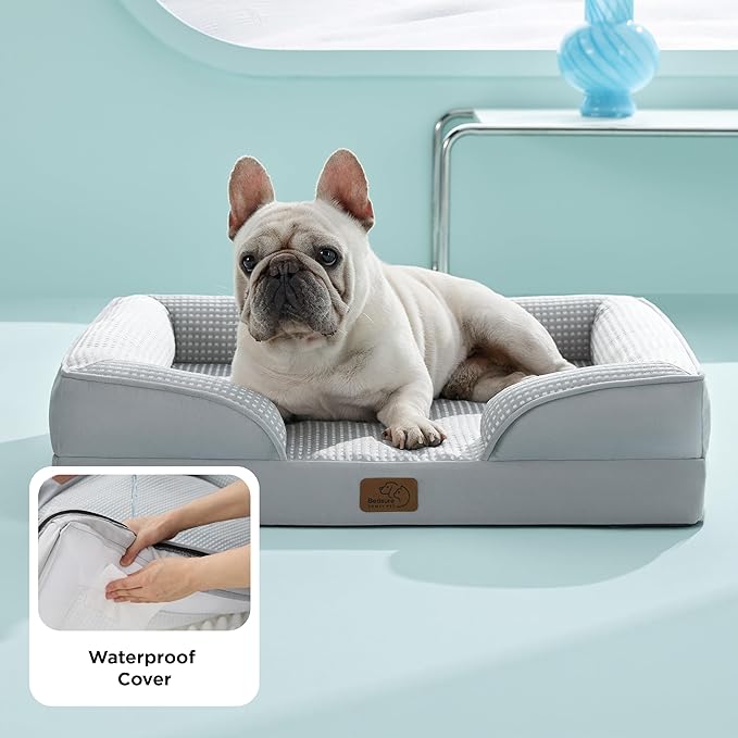 Bedsure Cooling Dog Bed Medium Size Dogs - Orthopedic Medium Dog Cat Cooling Bed Washable, Pet Couch Sofa with Waterproof Removable Cover, Pets Bed with Nonskid Bottom, Cooling Grey, 28"