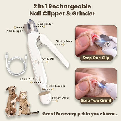 2-in-1 Dog Nail Clippers & Cat Nail Clipper with 2 LED Lights, USB Rechargeable with Safety Guard, Low Noise Grooming Tool for Small, Medium, and Large Dog & Cat Nail Trimmer(White)