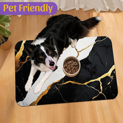 Black Gold Marble Dog and Cat Food Mat, Absorbent Feeding Placemat, Waterproof Non-Skid Rubber Backing, No Stains Pet Supplies – 12x20 Inch