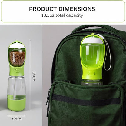 3-in-1 Dog & Cat Water Bottle with Food Container & Poop Bag Holder – Includes 60 Extra Waste Bags – 13.5oz Leak-Proof, BPA-Free Portable Pet Travel Dispenser, Green